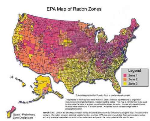 This is the EPA Radon Map showing the areas of the U.S. with high Radon levels.  These areas also tend to have higher Granitic soils typical of mountainous or hilly regions.