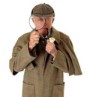 image of Sherlock Holmes detective with magnifying glass and pipe