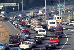 high traffic areas may be very high in toxic air pollutants like carbon monoxide, nitrogen oxides, sulfur oxides, soot, and ozone from automobiles' and trucks' internal combustion engines and chemicals in atmosphere that result