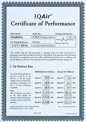 IQ AIR HealthPro Performance Certificate.